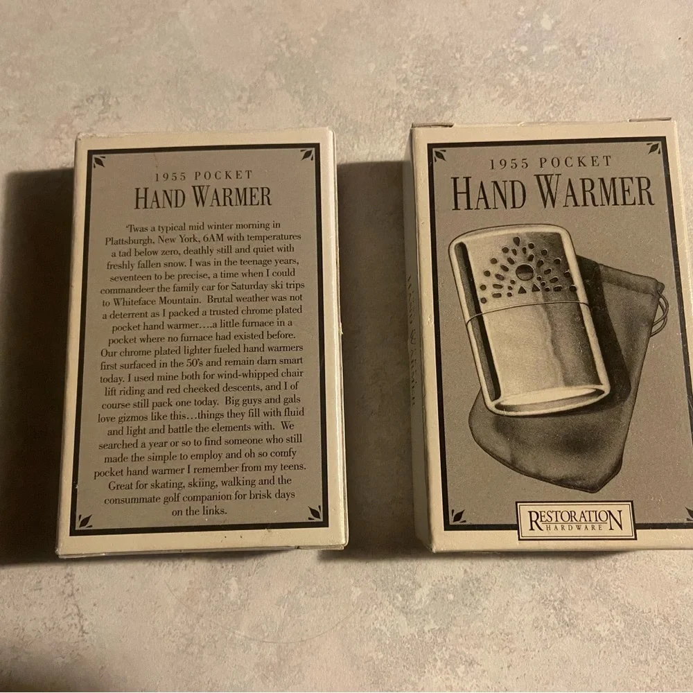 Restoration Hardware Silver and Cream 1955 Pocket Jumbo Hand Warmer Box